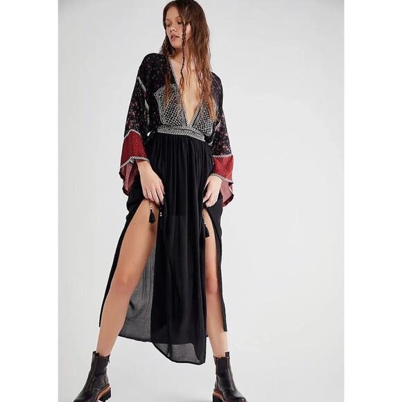 Free People NWT Freya Scarf Print Long Sleeve Maxi Dress Black Size XS - Picture 1 of 8